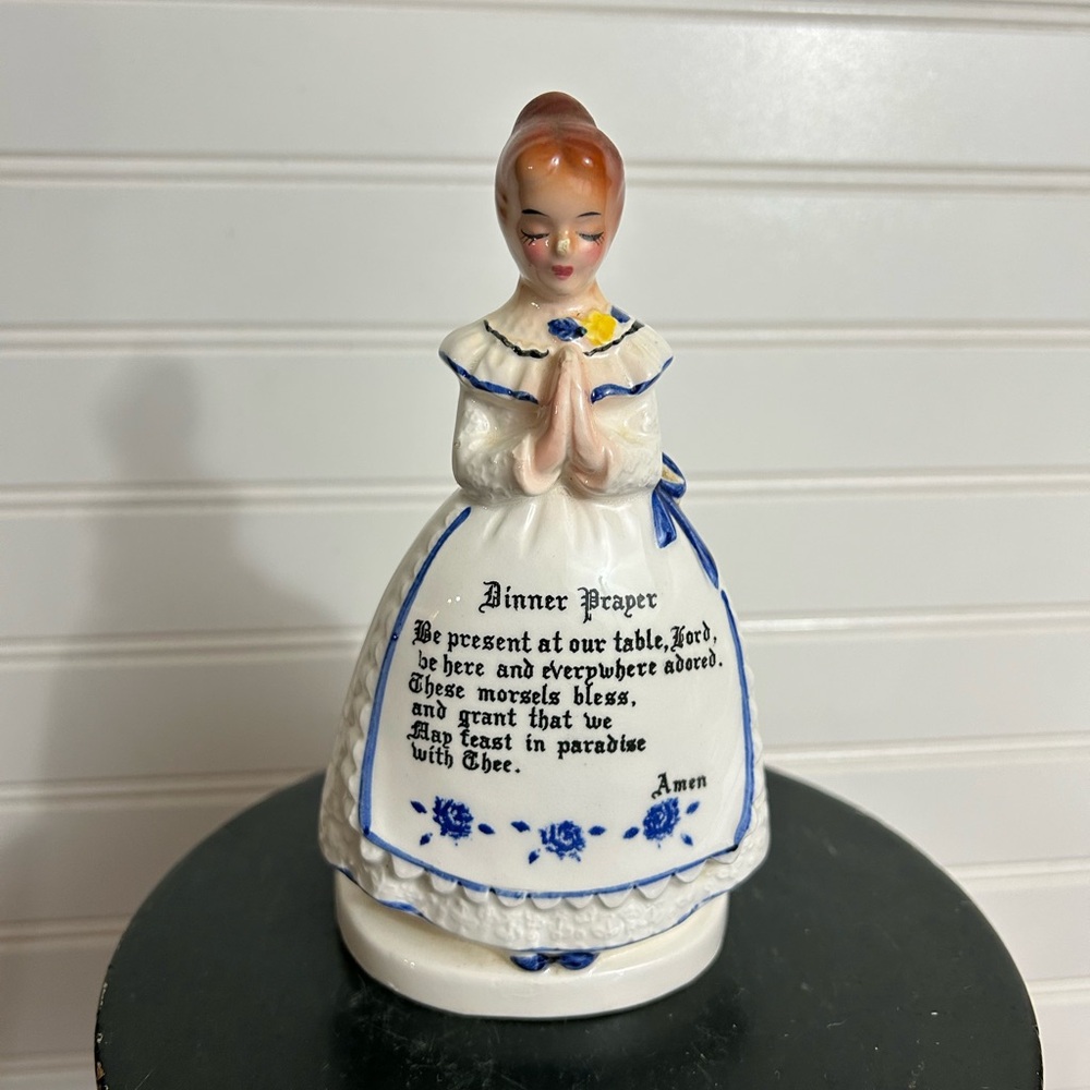 Vintage ENESCO Prayer Lady Blue Napkin Holder 1950s Dinner Prayer Scallop Apron